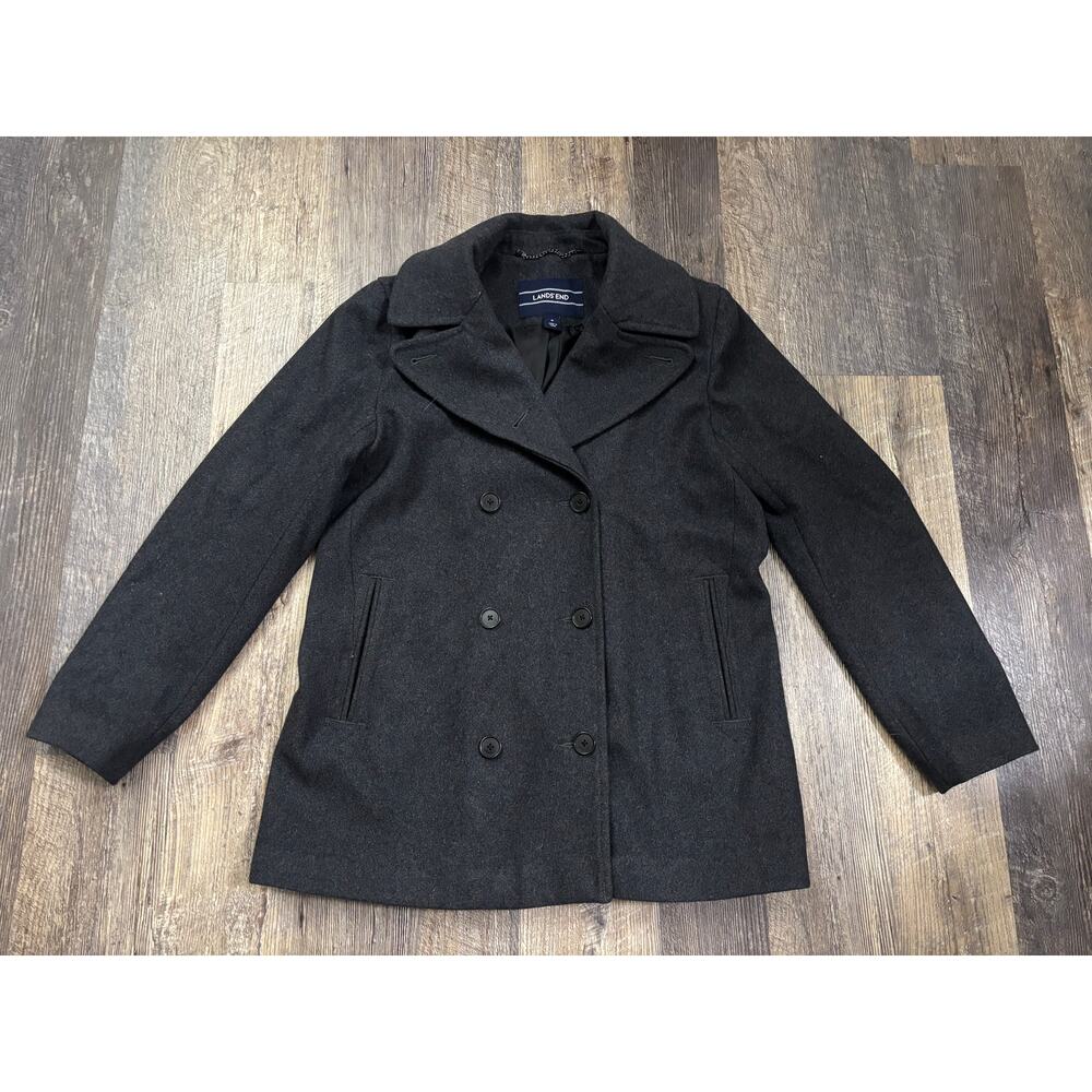 Lands End Womens Charcoal Gray Wool Blend Double Breasted Pea Coat Jacket Size 6